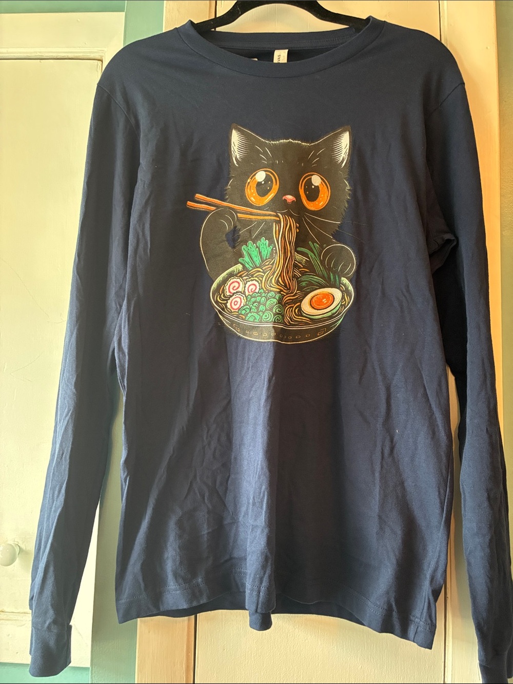 Bella Canvas Navy Long Sleeve Tee with Black Cat Ramen Graphic